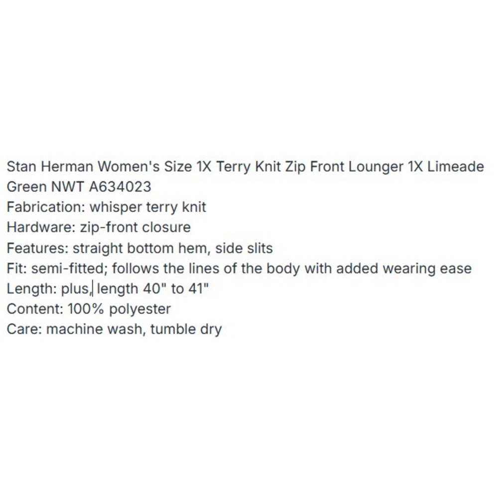 Stan Herman Womens 1X Terry Knit‎ Zip Front Lounger Limeade Green NWT A634023 - Picture 3 of 3